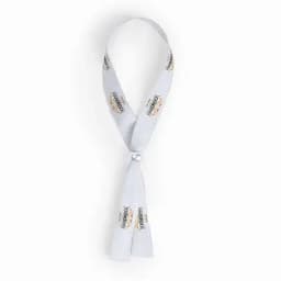A white ribbon with a logo printed along its length, featuring a loop and two hanging ends.