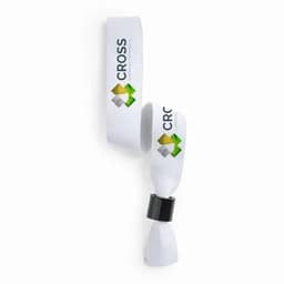 A white promotional ribbon with a logo attached, featuring geometric shapes in green and yellow.