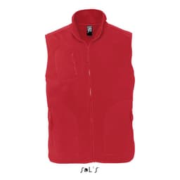 A red unisex fleece vest with a full zip and pockets. Features a logo on the label.