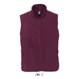 A unisex fleece vest in a rich burgundy colour, featuring a full zip and multiple pockets. Includes a logo.