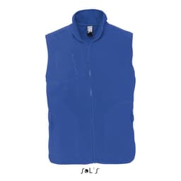 A blue fleece vest with a zip front, side pockets, and a logo. Ideal for unisex wear.