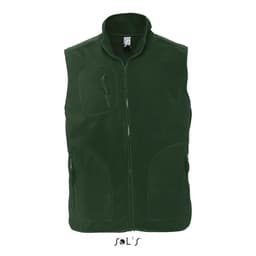 A green fleece vest with a zip closure and multiple pockets. It features a logo on the front.