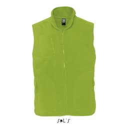 A bright green unisex fleece vest with a zippered front and side pockets, featuring a logo.