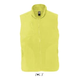 A unisex fleece vest in bright yellow with a zip front and two side pockets. It features a logo on the inside.