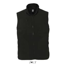 A unisex fleece vest in black with a zip front and pockets, featuring a logo.