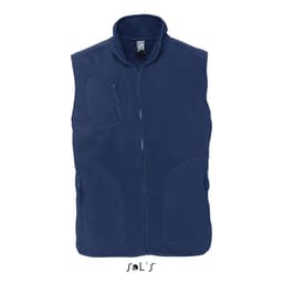 A navy fleece vest with a full zip and multiple pockets, featuring a logo. It's unisex and suitable for all.