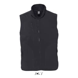 A black fleece vest with a zip front and two side pockets, featuring a small logo on the left chest.