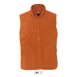 An orange unisex fleece vest featuring multiple pockets and a high collar, with a logo on the label.
