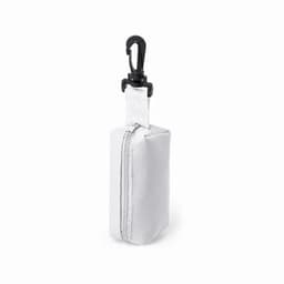 A white zippered pouch with a clip at the top, designed for carrying small items.