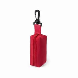 A red zippered pouch with a hook attachment, designed for carrying small items securely.
