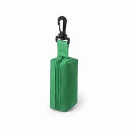 A green zippered pouch with a clip for easy attachment. It has a rectangular shape and a textured surface.