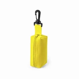 A yellow fabric pouch with a zipper and a black clip for attachment.