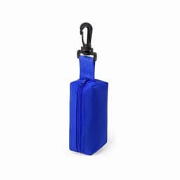 A blue drink bottle holder with a zipper and a clip for attachment.