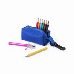 A blue pencil case with coloured pencils and a sharpener, along with a pink and yellow pencil lying nearby.