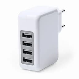 A white USB wall charger with four ports, featuring a standard plug for power outlets.