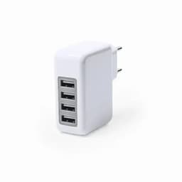 A white USB wall charger with four ports and a two-prong plug. It features a compact design.