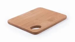 A bamboo cutting board with a smooth surface and a round handle cutout, featuring a natural wood finish.