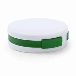 A round, white container with a green band and a clasp. Features a simple design and has a logo.
