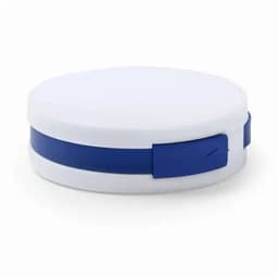 A white and blue round container with a lid and a blue band around the middle, featuring a logo.