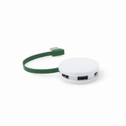 A round white USB hub with a green cable, featuring multiple USB ports.