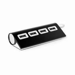 A black USB hub featuring four ports, with a sleek, modern design and a white accent.