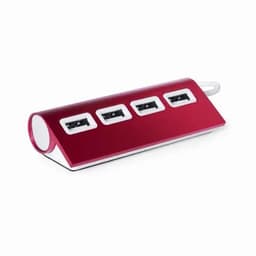A USB hub in vibrant red with four black USB ports, featuring a smooth, rounded design and a loop for easy handling.