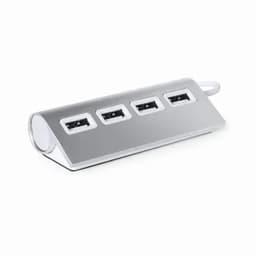 A USB hub with four ports, featuring a sleek silver design and a curved shape. It has a minimalistic branding logo.