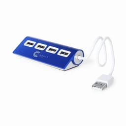 A USB hub in blue with four ports and a white cable connecting to a USB source. It features a logo.