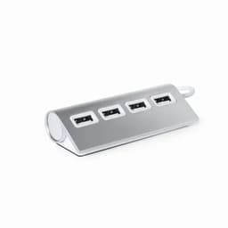 A silver USB hub featuring four ports, with a sleek, elongated design and a rounded edge. It has a logo on one side.
