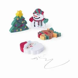 A set of colourful Christmas-themed cookie cutters, including a tree, snowman, reindeer, and Santa Claus, with a string.