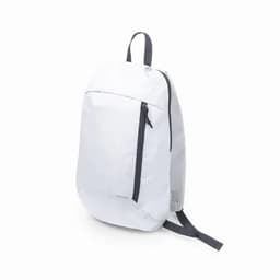 A white backpack featuring a front zipper pocket and black straps. The bag has a smooth, minimalist design.