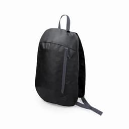 A black backpack with a front zip pocket and adjustable straps. It has a simple design and a textured finish.