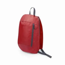 A red backpack with a front zip pocket and grey straps, featuring a simple and sleek design.