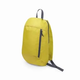 A yellow backpack with a grey zip pocket, featuring adjustable straps and a sleek design.