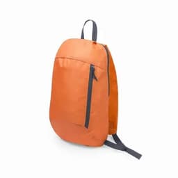 An orange backpack with a zippered front pocket and dark grey straps. It has a simple, modern design.