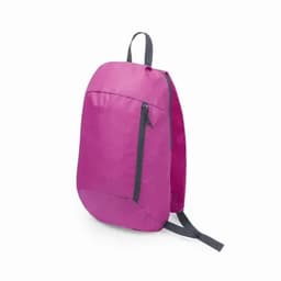 A pink backpack featuring a zippered pocket and adjustable straps, with a sleek design.