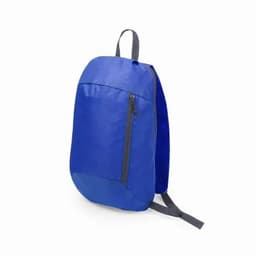 A blue backpack with a zippered front pocket and grey straps, featuring a rounded design.