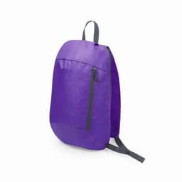A purple backpack with a front zipper pocket and grey straps, featuring a simple design.