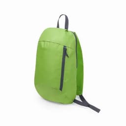 A green backpack with a zippered pocket on the front and grey shoulder straps, designed for casual use.