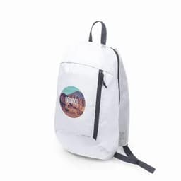 A white backpack featuring a scenic logo, with a zippered front pocket and adjustable straps.