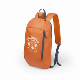 An orange backpack with a blue strap, featuring a logo and the text "UNLIMITED CHAMPION".