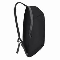 A sleek black backpack with grey accents, featuring adjustable straps and a zippered compartment.