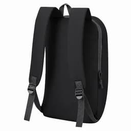 A black backpack with adjustable straps and a sleek design, featuring a logo on the exterior.