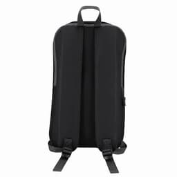 A black backpack featuring padded shoulder straps and a top handle, with a smooth back design and a branding logo.