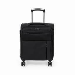 A black suitcase with a retractable handle and wheels, featuring a front pocket and a zipped main compartment.