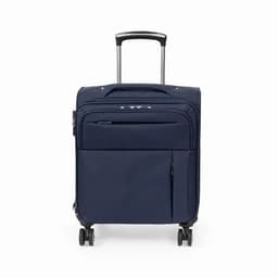 A navy blue suitcase with a retractable handle and four wheels, featuring front pockets and zippers.