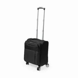 A black suitcase with a retractable handle and four wheels, featuring a front pocket and zip closures.