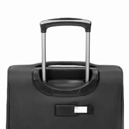 A black luggage bag with a retractable handle and a tag. The surface features textured detailing.