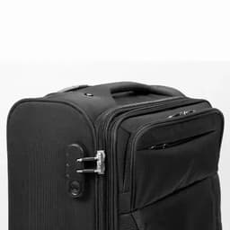 A black travel suitcase with a zipper and a handle, featuring a combination lock and a front pocket.