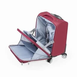 A maroon suitcase with a silver interior, featuring wheels and an extendable handle, partially open.